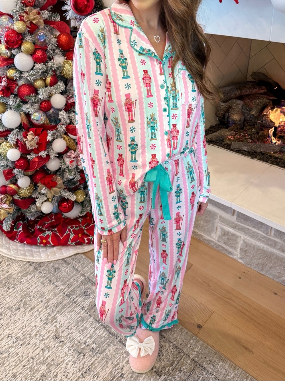 Women’s Pink Nutcracker Stripe Pajama Set with Teal Tie